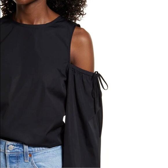 NWT Open Edit Black Cold Shoulder Puff Sleeve Cotton Blouse Top M - Picture 4 of 8